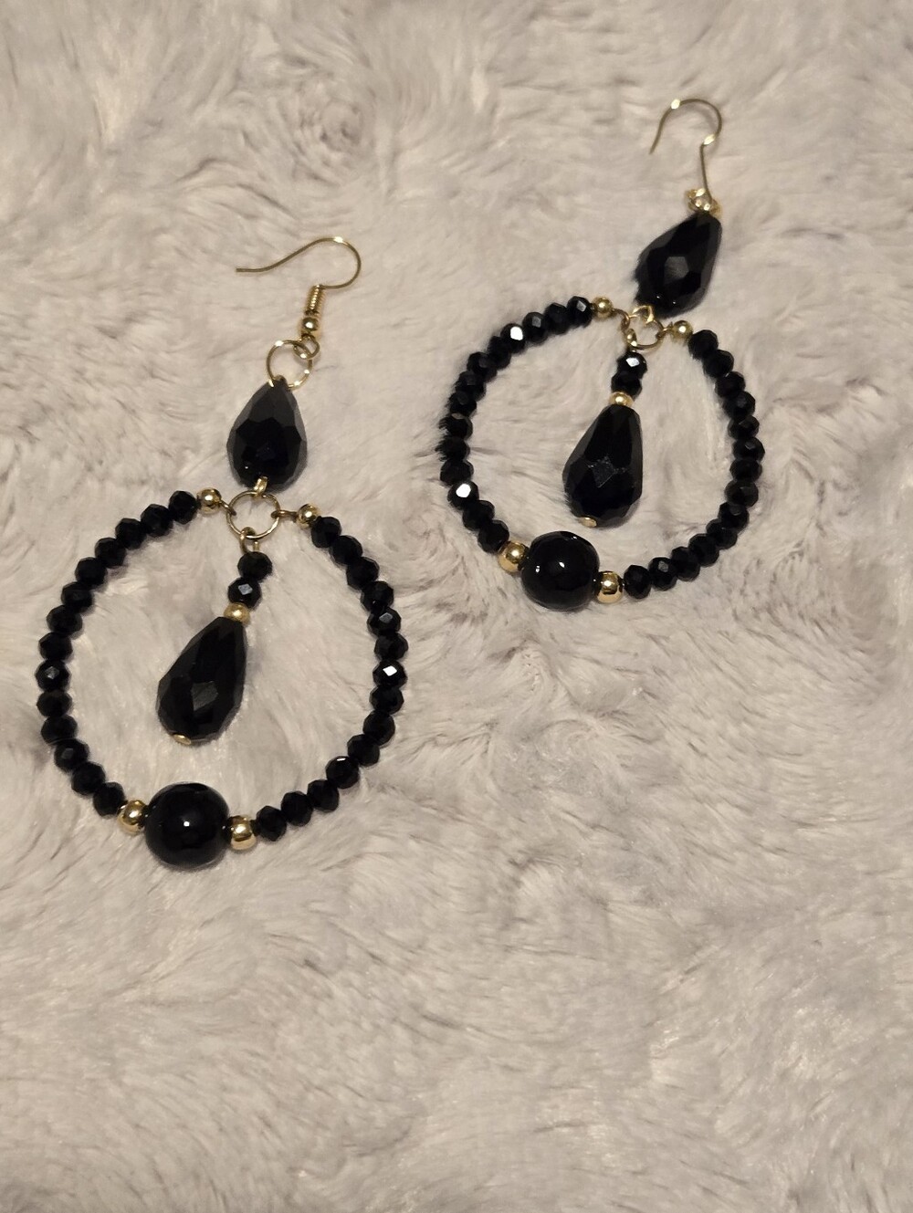 Black Beaded Hoop Drop Earrings with Gold Accents - Women Jewelry